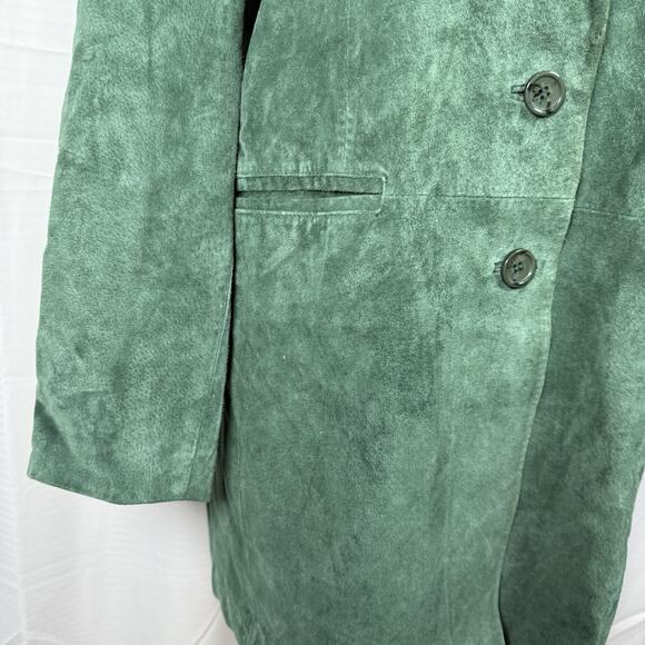 Dennis Basso Suede Leather Long Coat Jacket Green Button Front Women's Size M - Picture 3 of 9